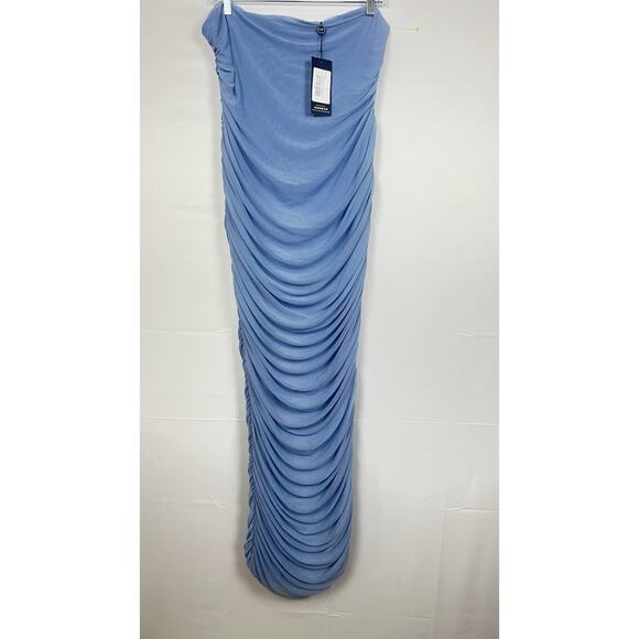 NWT CLUB L LONDON Maternity Blue Strapless Bodycon Ruched Mesh Midi Dress US 8 - Picture 2 of 11